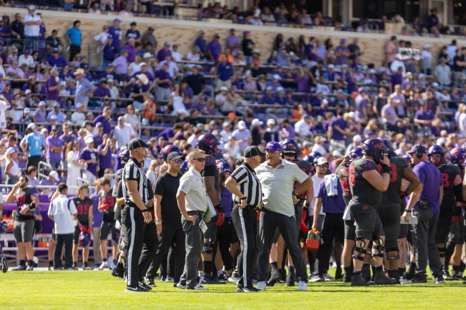 TCU head coach Sonny Dykes reacts to a call by the referees during their game against OSU at the Amon G. Carter Stadium in Fort Worth, on Saturday, Oct. 16, 2022. Madeleine Cook/mcook@star-telegram.com