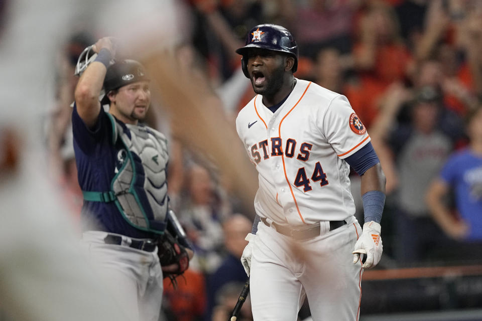 Houston Astros designated hitter Yordan Alvarez (44) reacts after hitting a three-run, walk-off home run against the Seattle Mariners during the ninth inning in Game 1 of an American League Division Series baseball game in Houston,Tuesday, Oct. 11, 2022. (AP Photo/David J. Phillip)