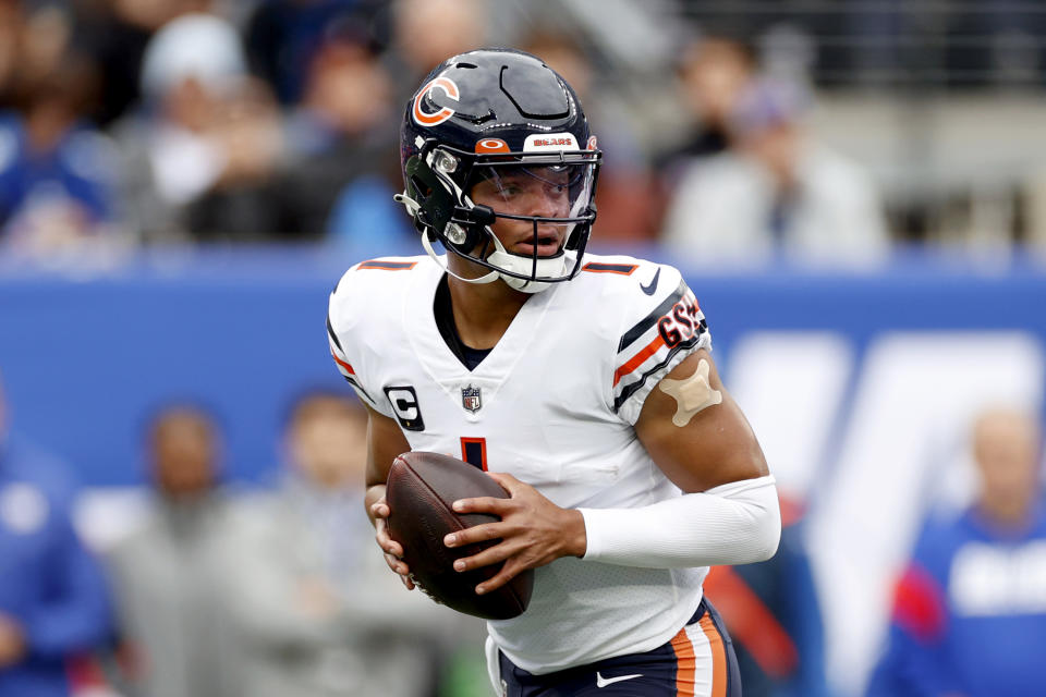 Bears quarterback Justin Fields has just 679 passing yards in five games this season. (Photo by Sarah Stier/Getty Images)