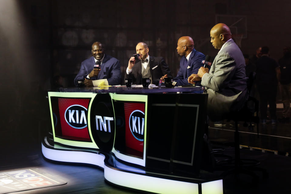 STUDIO CITY, CA - JANUARY 25: (L-R) Shaquille O'Neal, Ernie Johnson Jr., Kenny Smith and Charles Barkley host NBA on TNT live from Jordan Brand Future of Flight Showcase on January 25, 2018 in Studio City, California. (Photo by Cassy Athena/Getty Images)