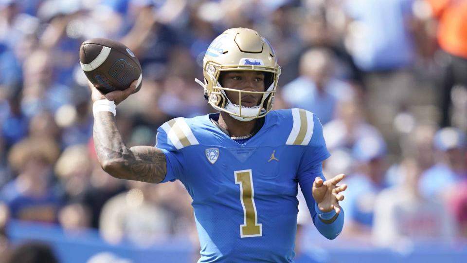 UCLA quarterback Dorian Thompson-Robinson (1) has 19 total touchdowns this season for a high-powered offense that's led the Bruins to a 6-0 start. (AP Photo/Ashley Landis)