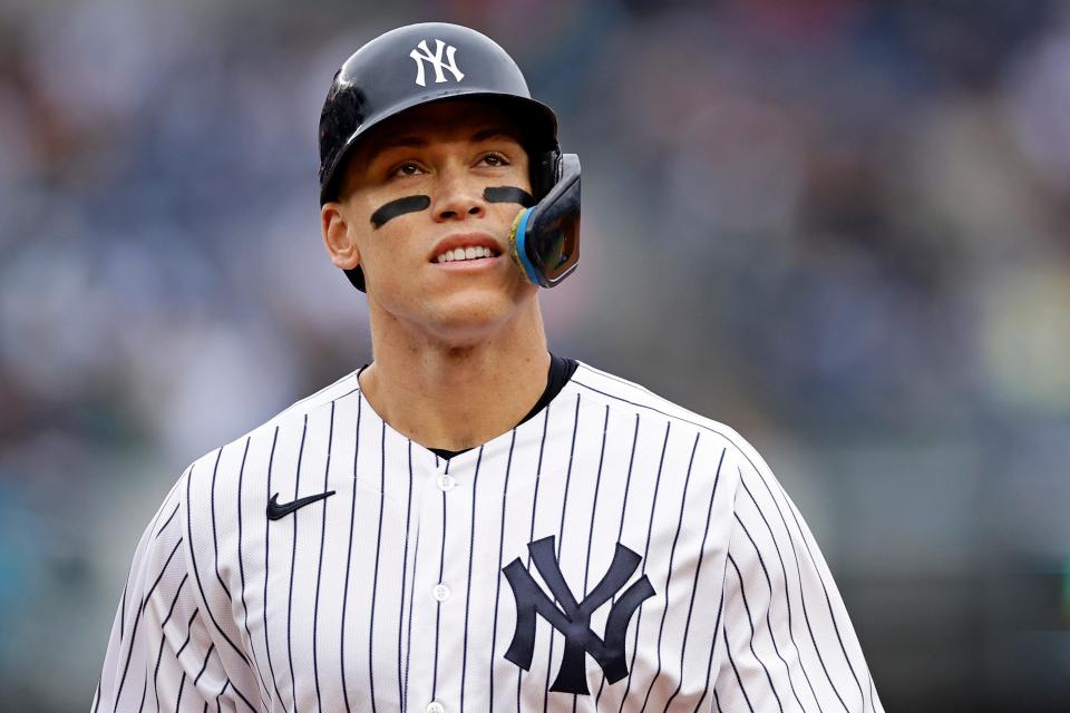 New York Yankees' Aaron Judge looks on during the second inning of the team's baseball game against the Baltimore Orioles on Saturday, Oct. 1, 2022, in New York. (AP Photo/Adam Hunger)