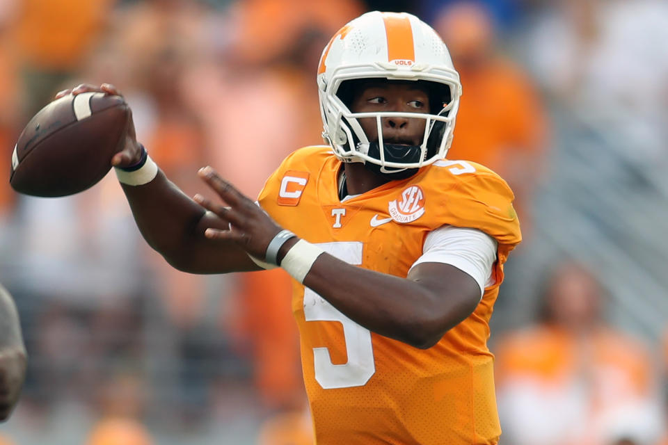 Hendon Hooker is leading Tennessee to new heights. (Donald Page/Getty Images)