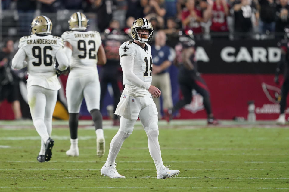 New Orleans Saints quarterback Andy Dalton (14) reacts after throwing his second interception that was returned for a touchdown. (AP Photo/Matt York)