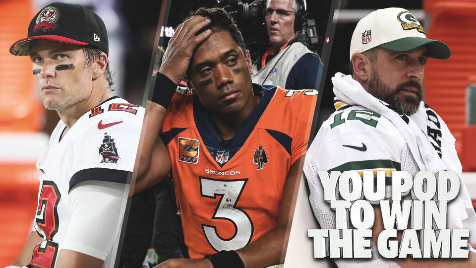 Tampa Bay Buccaneers QB Tom Brady, Denver Broncos QB Russell Wilson & Green Bay Packers QB Aaron Rodgers are all having surprisingly disappointing seasons for a trio of Super Bowl-winning quarterbacks who have been perennial playoff contenders. (Getty Images)