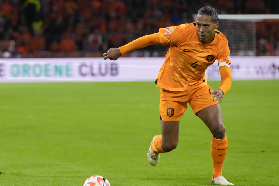 Netherlands' Virgil van Dijk during the UEFA Nations League soccer match between the Netherlands and Belgium at the Johan Cruyff ArenA in Amsterdam, Netherlands, Sunday, Sept. 25, 2022. (AP Photo/Peter Dejong)