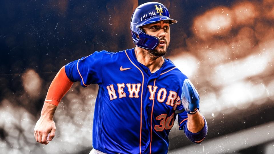 Michael Conforto treated image, running with batting helmet, orange-tinted background