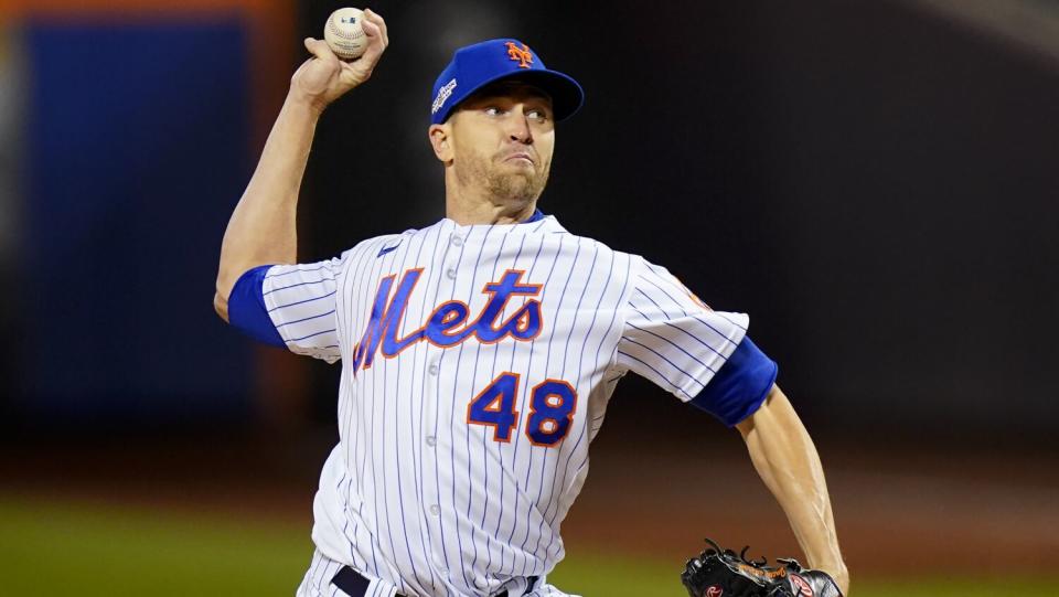 New York Mets starting pitcher Jacob deGrom delivers against the San Diego Padres.