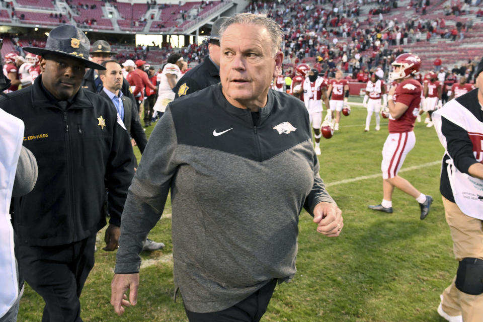 Arkansas coach Sam Pittman saw his team suffer an ugly 21-19 loss to Liberty on Saturday. (AP Photo/Michael Woods)