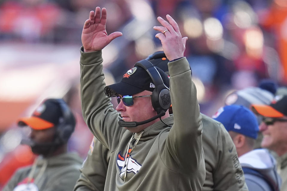 Denver Broncos coach Nathaniel Hackett and his team fell to 3-7 after an overtime loss to the Raiders. (AP Photo/Jack Dempsey)