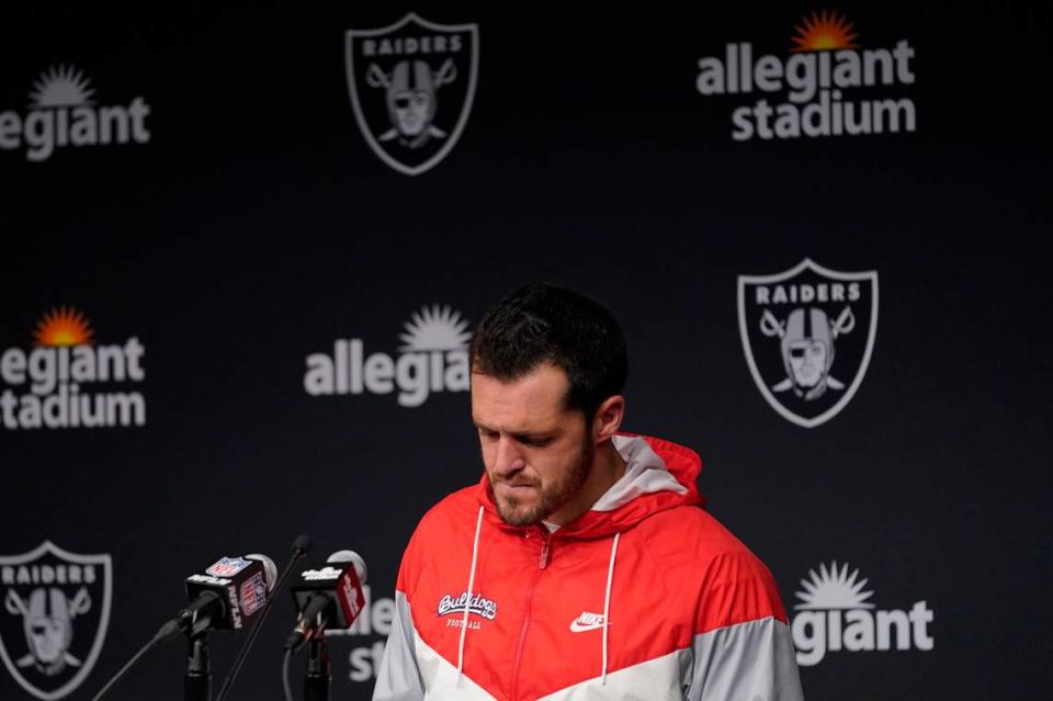 Las Vegas Raiders quarterback Derek Carr speaks after an NFL game against the Indianapolis Colts, Sunday, Nov. 13, 2022, in Las Vegas.