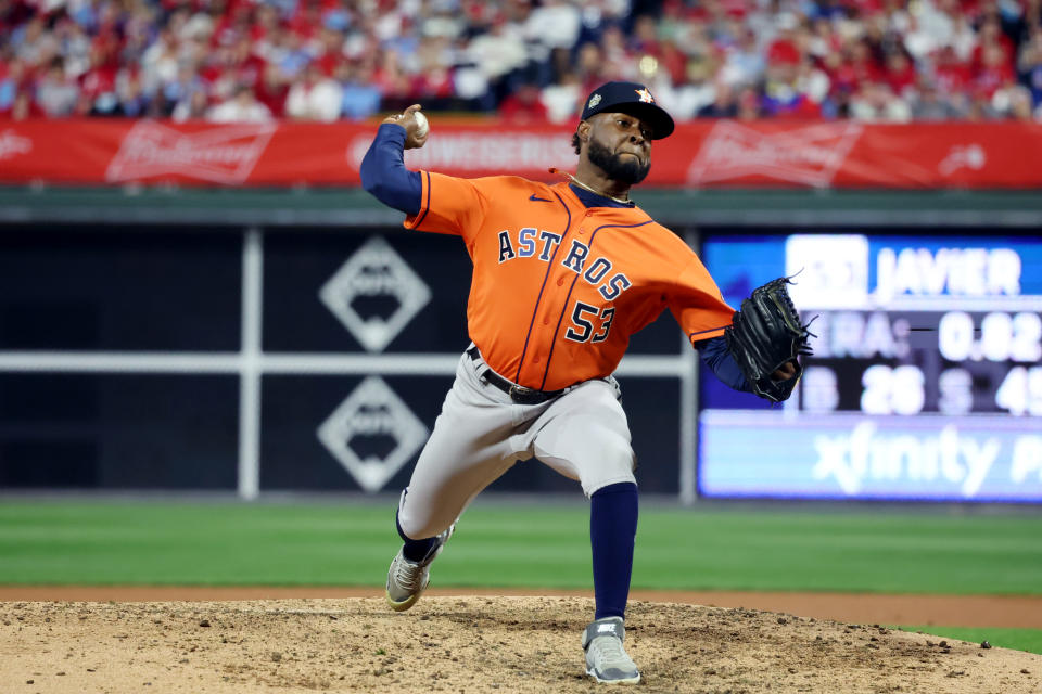 PHILADELPHIA, PA - NOVEMBER 02: Cristian Javier #53 of the Houston Astros pitches during Game 4 of the 2022 World Series between the Houston Astros and the Philadelphia Phillies at Citizens Bank Park on Wednesday, November 2, 2022 in Philadelphia, Pennsylvania. (Photo by Mary DeCicco/MLB Photos via Getty Images)