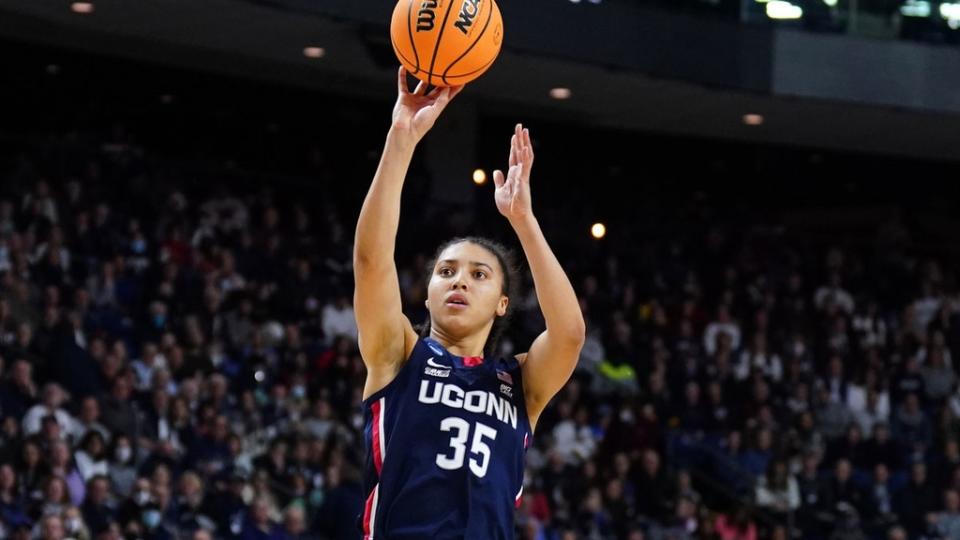 Mar 28, 2022; Bridgeport, CT, USA; UConn Huskies guard Azzi Fudd (35) shoots against the NC State Wolfpack during the second half in the Bridgeport regional finals of the women's college basketball NCAA Tournament at Webster Bank Arena.