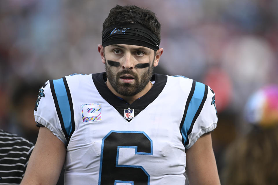 CHARLOTTE, NORTH CAROLINA - OCTOBER 09: Baker Mayfield #6 of the Carolina Panthers walks off the field at halftime against the San Francisco 49ers at Bank of America Stadium on October 09, 2022 in Charlotte, North Carolina. (Photo by Eakin Howard/Getty Images)