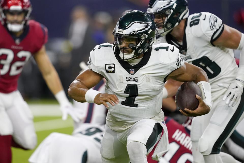 Philadelphia Eagles quarterback Jalen Hurts is thriving this season in an offense tailored perfectly to his skill set. (AP Photo/Tony Gutierrez)