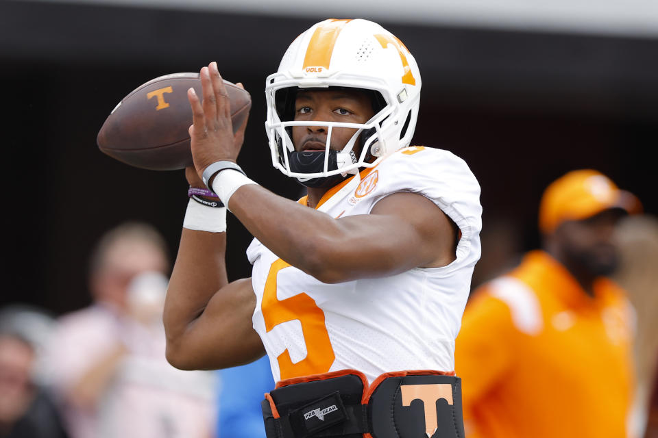 ATHENS, GA - NOVEMBER 05: Hendon Hooker #5 of the Tennessee Volunteers warms up prior to the game against the Georgia Bulldogs at Sanford Stadium on November 5, 2022 in Athens, Georgia. (Photo by Todd Kirkland/Getty Images)