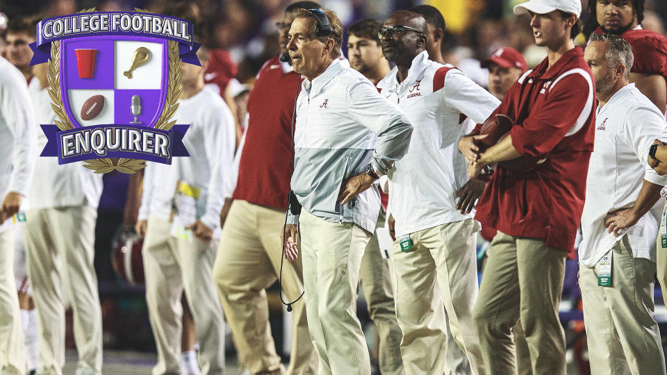 Alabama head coach Nick Saban looks. onto the field vs LSU
Photo by John Korduner/Icon Sportswire via Getty Images