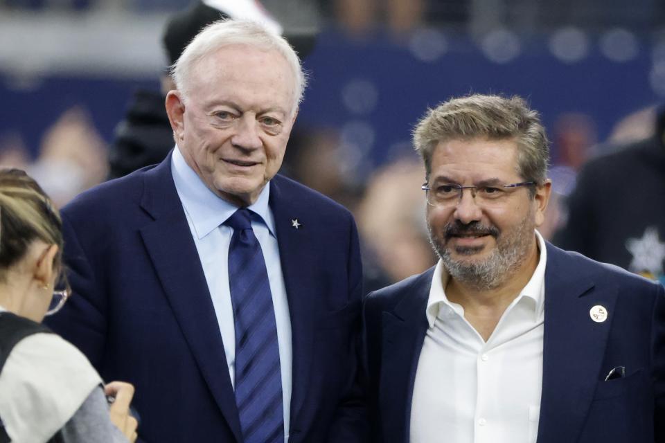 Dallas Cowboys team owner Jerry Jones (left) responded to the report that Washington Commanders team owner Dan Snyder (right) is exploring potential transactions with his team. (AP Photo/Michael Ainsworth)