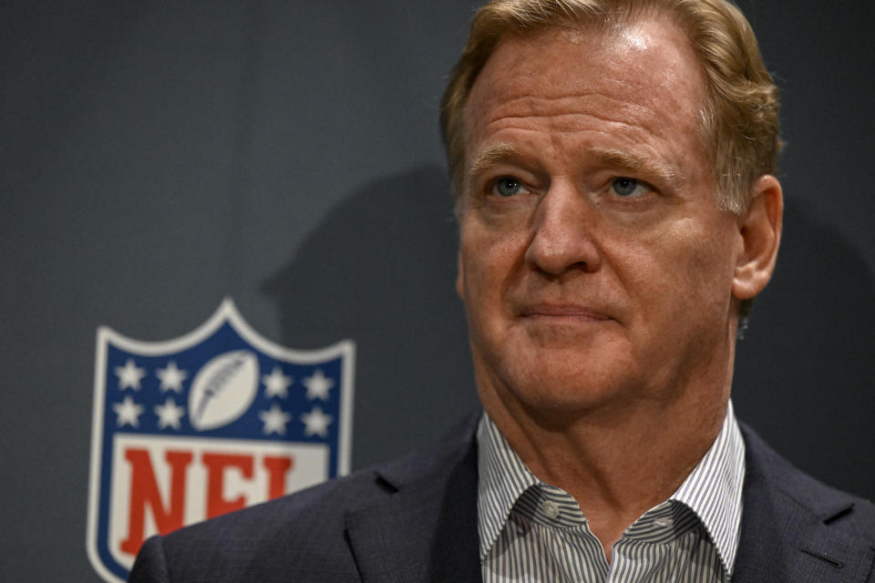 NFL commissioner Roger Goodell could be in a tough situation now that he's named as a defendant in a lawsuit targeted at Washington Commanders team owner Dan Snyder. (AAron Ontiveroz/MediaNews Group/The Denver Post via Getty Images)