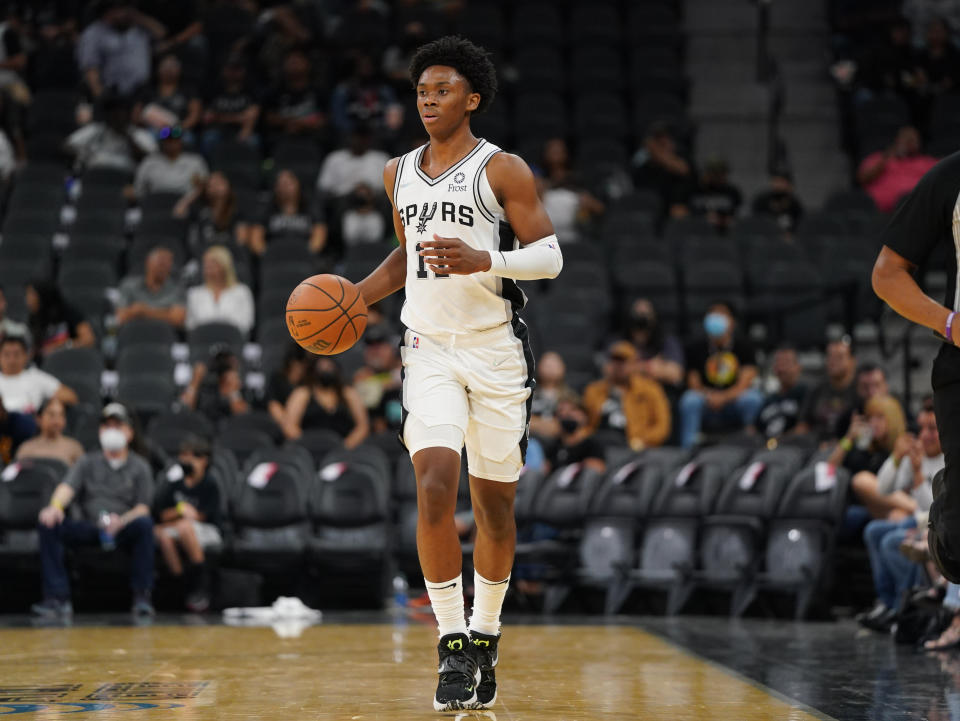 Oct 4, 2021; San Antonio, Texas, USA; San Antonio Spurs guard Josh Primo (11) dribbles the ball in the second half against the Utah Jazz at the AT&T Center. Mandatory Credit: Daniel Dunn-USA TODAY Sports