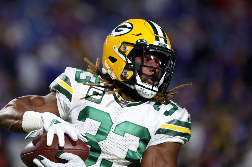 Aaron Jones #33 of the Green Bay Packers is at fantasy risk this week