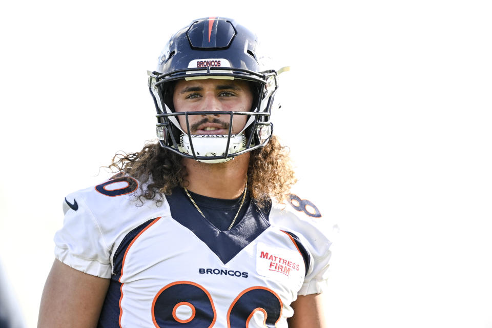 Greg Dulcich (80) of the Denver Broncos has fantasy value