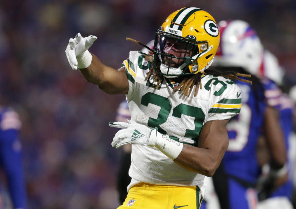 Aaron Jones #33 of the Green Bay Packers is a fantasy star