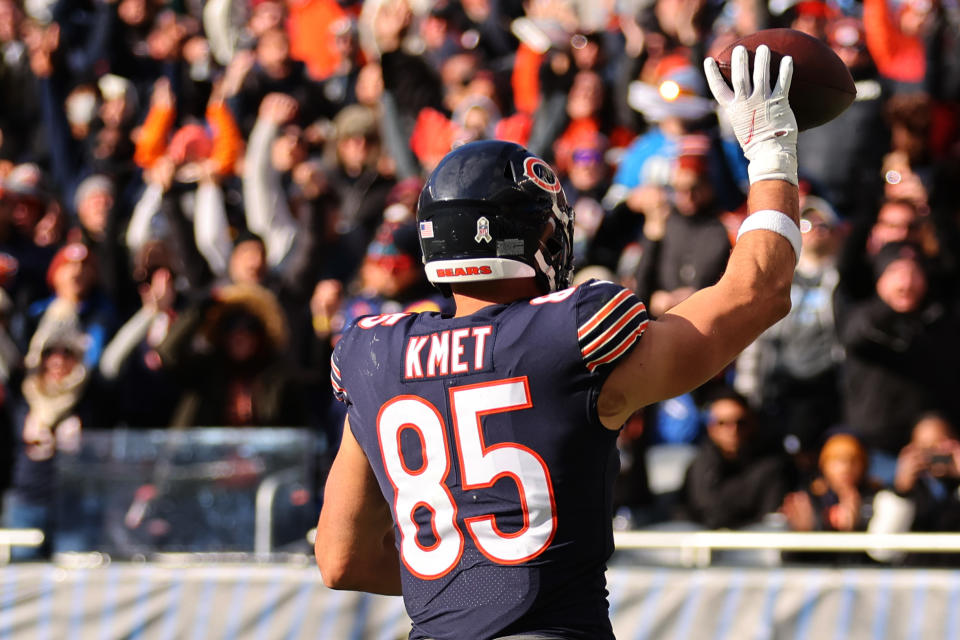 Cole Kmet #85 of the Chicago Bears is gaining fantasy value