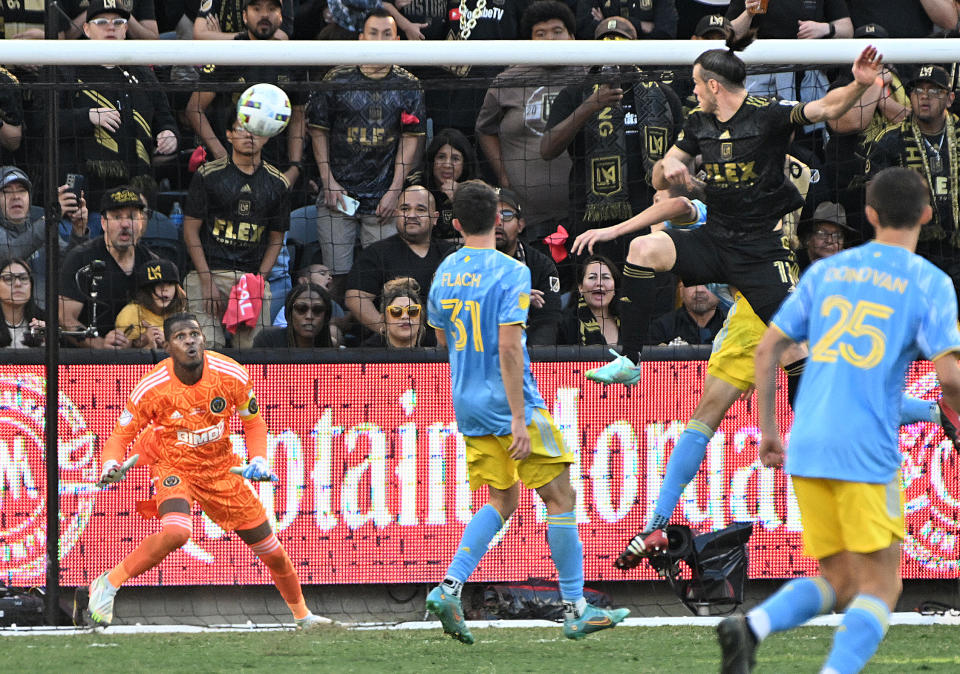 LAFC's Gareth Bale ties the game on a header past Union goalie Andre Blake in double overtime in the MLS Cup at Banc of California Stadium Saturday in Los Angeles. (Wally Skalij/Los Angeles Times via Getty Images)