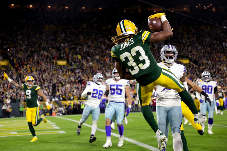 Aaron Jones had a colorful TD celebration against the Cowboys on Sunday evening at Lambeau Field. Jones rushed for 138 yards on 24 carries. (Photo by Stacy Revere/Getty Images)