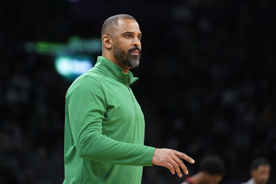 Boston Celtics head coach Ime Udoka during an NBA basketball game, Monday, Nov. 22, 2021, in Boston. (AP Photo/Charles Krupa)