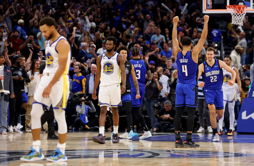 ORLANDO, FLORIDA - NOVEMBER 03: Jalen Suggs #4 of the Orlando Magic reacts to wining a game against the Golden State Warriors at Amway Center on November 03, 2022 in Orlando, Florida. NOTE TO USER: User expressly acknowledges and agrees that, by downloading and or using this photograph, User is consenting to the terms and conditions of the Getty Images License Agreement. (Photo by Mike Ehrmann/Getty Images)