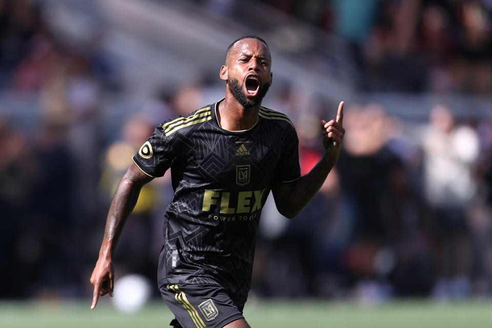 LOS ANGELES, CA - NOVEMBER 05: Kellyn Acosta #23 of Los Angeles Football Club celebrates after scoring the opening goal during the match between Philadelphia Union and Los Angeles Football Club as part of the MLS Cup Final 2022 at Banc of California Stadium on November 5, 2022 in Los Angeles, California. (Photo by Omar Vega/Getty Images)