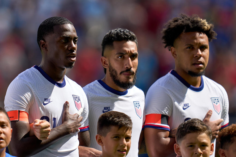 KANSAS CITY, KS - JUNE 5: Tim Weah #21, Jesus Ferreira #9, and Weston McKennie #8 of the United States before a game between Uruguay and USMNT at Children's Mercy Park on June 5, 2022 in Kansas City, Kansas. (Photo by Robin Alam/ISI Photos/Getty Images)