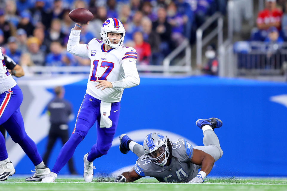 Josh Allen of the Buffalo Bills looks to pass against the Detroit Lions. (Photo by Rey Del Rio/Getty Images)