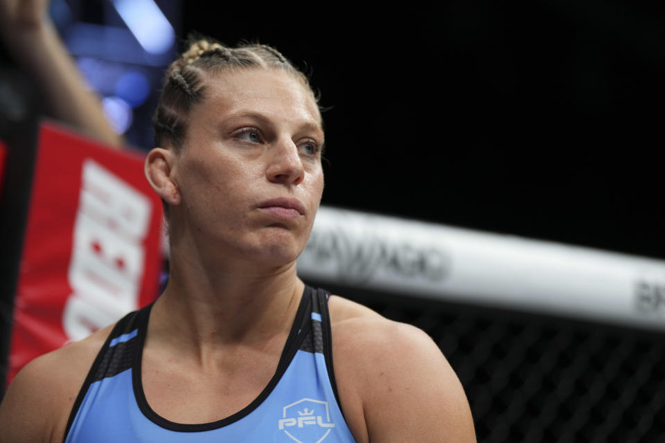 LONDON, ENGLAND - AUGUST 20: Kayla Harrison looks on before fighting against Martina Jindrova during PFL 9 at the Copper Box Arena on August 20, 2022 in London, England. (Photo by Cooper Neill/Getty Images)