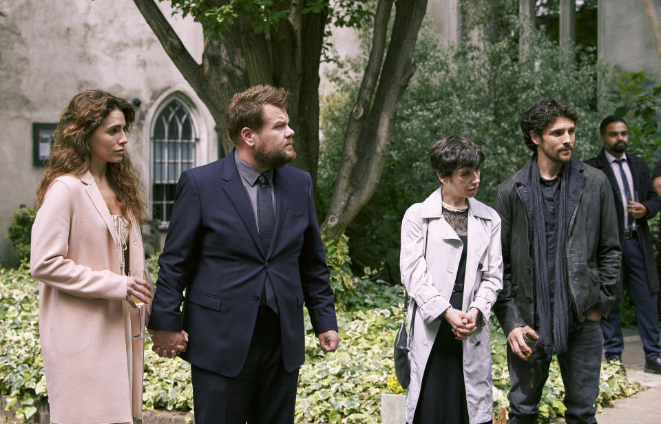 L-R - Melia Kreiling (Amandine Buckingham), James Corden (Jamie Buckingham), Sally Hawkins (Lue), Colin Morgan (Jeff Wilson)