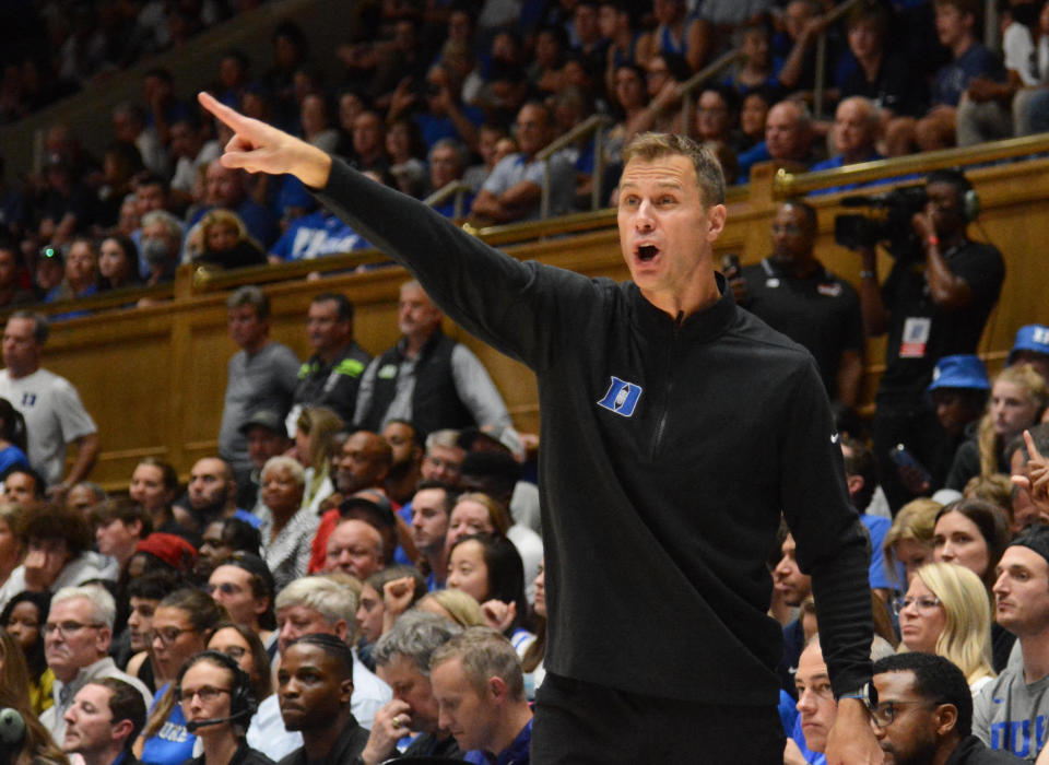 Duke head coach Jon Scheyer directs his team during the second half against Jacksonville at Cameron Indoor Stadium in Durham, North Carolina, on Nov. 7, 2022. (Rob Kinnan/USA TODAY Sports)