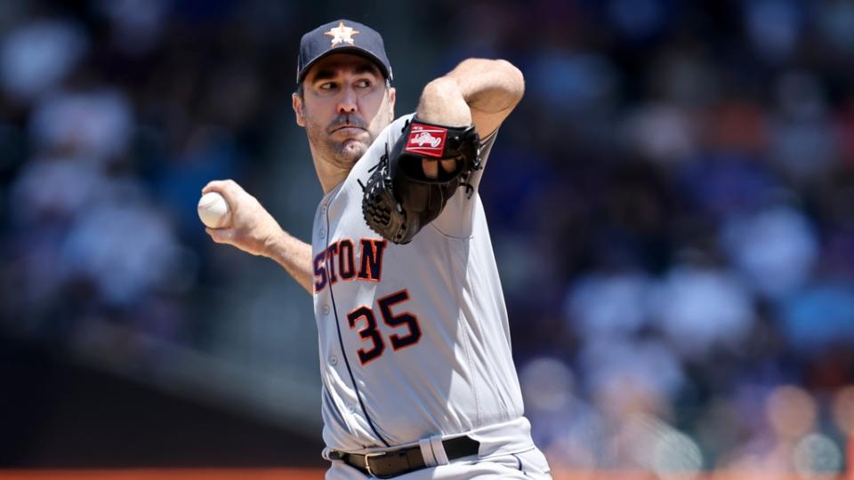 Jun 29, 2022; New York City, New York, USA; Houston Astros starting pitcher Justin Verlander (35) pitches against the New York Mets during the first inning at Citi Field. Mandatory Credit: Brad Penner-USA TODAY Sports