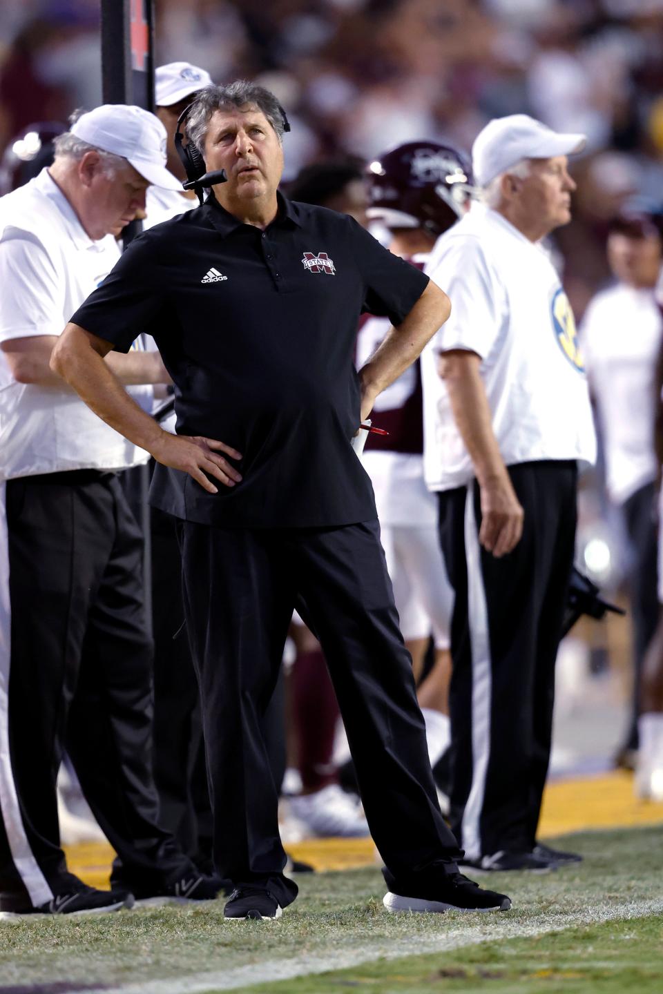 Mississippi State coach Mike Leach reacts to a play during the second half of the team's NCAA college football game against LSU in Baton Rouge, La., Saturday, Sept. 17, 2022. LSU won 31-16. (AP Photo/Tyler Kaufman)