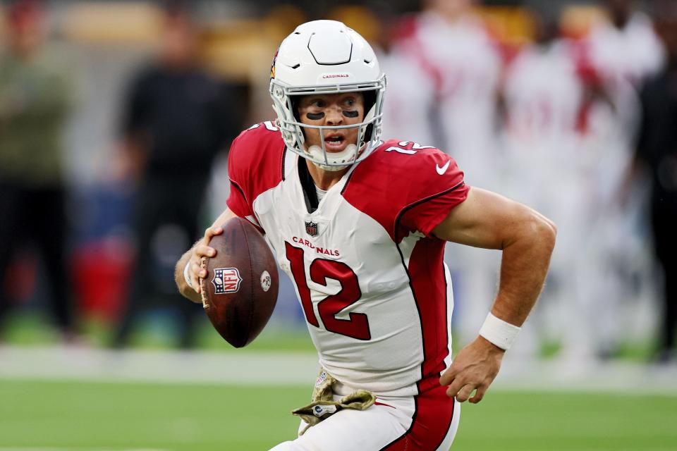 Colt McCoy #12 of the Arizona Cardinals scrambles with the ball in the second quarter of the game against the Los Angeles Rams at SoFi Stadium on November 13, 2022, in Inglewood, California.