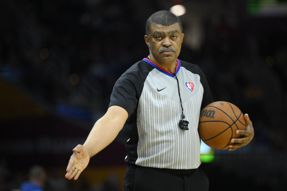 Feb 28, 2022; Cleveland, Ohio, USA; NBA referee Tony Brothers (25) stands on the court in the third quarter of a game between the Cleveland Cavaliers and the Minnesota Timberwolves at Rocket Mortgage FieldHouse. Mandatory Credit: David Richard-USA TODAY Sports