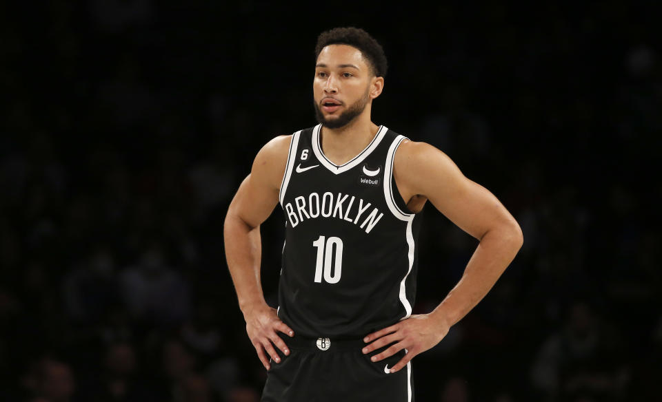 NEW YORK, NEW YORK - OCTOBER 27: (NEW YORK DAILIES OUT) Ben Simmons #10 of the Brooklyn Nets in action against the Dallas Mavericks at Barclays Center on October 27, 2022 in New York City. The Mavericks defeated the Nets 129-125 in overtime. NOTE TO USER: User expressly acknowledges and agrees that, by downloading and or using this photograph, User is consenting to the terms and conditions of the Getty Images License Agreement. (Photo by Jim McIsaac/Getty Images)