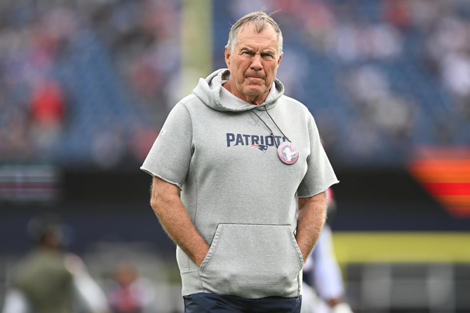 FOXBOROUGH, MA - NOVEMBER 6, 2022: Head coach Bill Belichick of the New England Patriots stands on the field prior to the game against the Indianapolis Colts at Gillette Stadium on November 6, 2022 in Foxborough, Massachusetts. (Photo by Kathryn Riley/Getty Images)