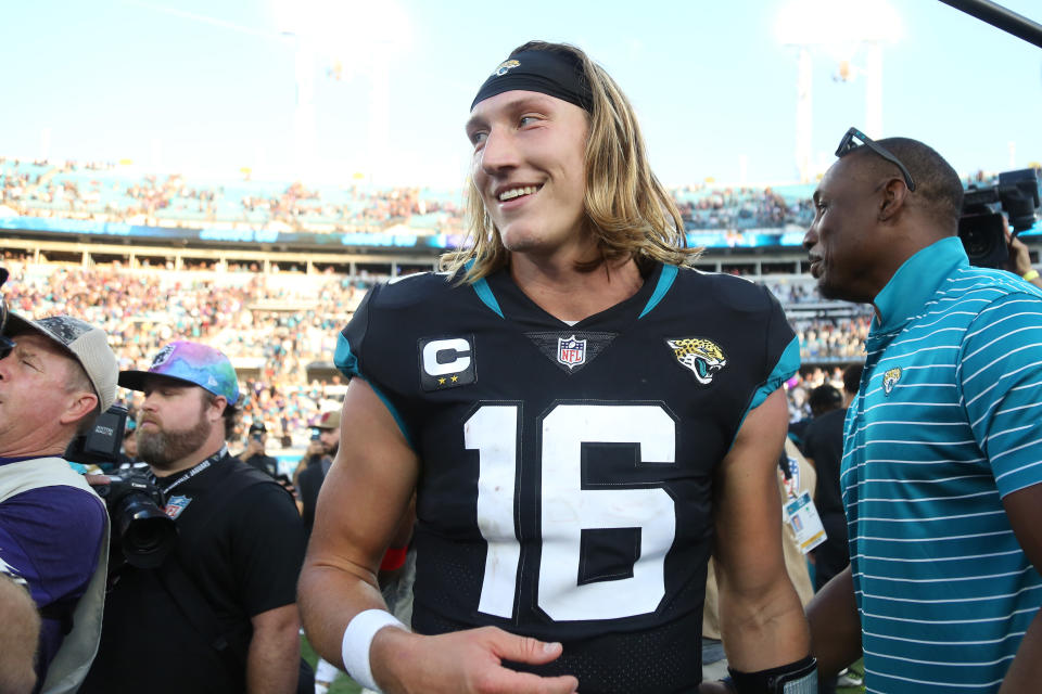 JACKSONVILLE, FLORIDA - NOVEMBER 27: Trevor Lawrence #16 of the Jacksonville Jaguars on the field after a win over the Baltimore Ravens at TIAA Bank Field on November 27, 2022 in Jacksonville, Florida. (Photo by Courtney Culbreath/Getty Images)