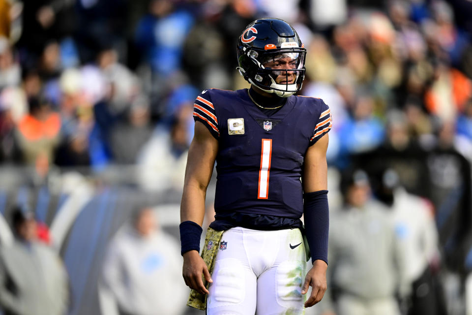 Justin Fields #1 of the Chicago Bears reacts in the fourth quarter of an NFL game against the Detroit Lions