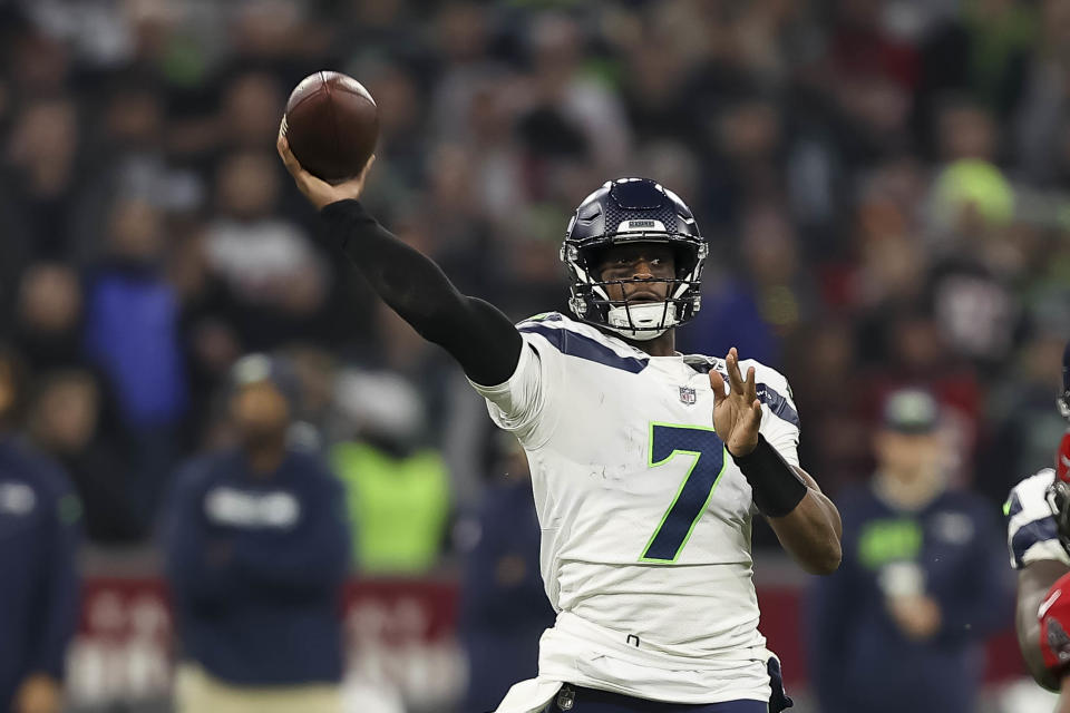 Geno Smith of Seattle Seahawks controls the ball during the NFL match 