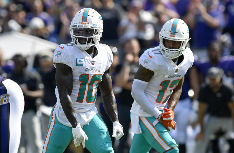 BALTIMORE, MD - SEPTEMBER 18: Miami Dolphins wide receivers Tyreek Hill (10) and Jaylen Waddle (17) line up next to each other on the line of scrimmage during the Miami Dolphins versus Baltimore Ravens NFL game at M&T Bank Stadium on September 18, 2022 in Baltimore, MD (Photo by Randy Litzinger/Icon Sportswire via Getty Images)