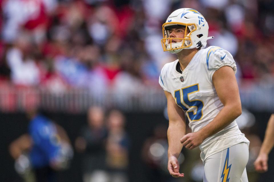 Chargers place kicker Cameron Dicker lines up during the second half against the Atlanta Falcons.