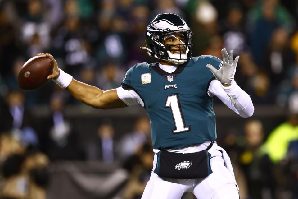 Philadelphia Eagles quarterback Jalen Hurts in action against the Washington Commanders.